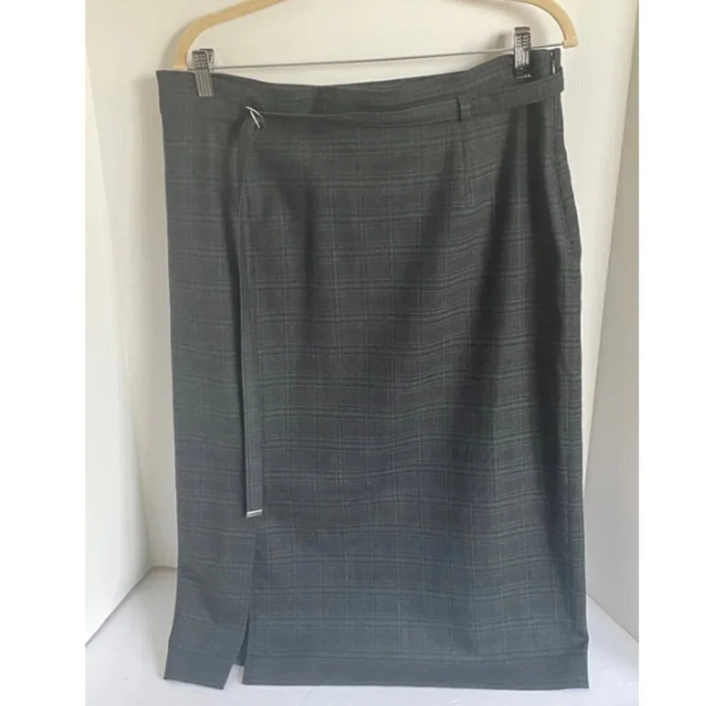 MAX MARA Midi Skirt Large Green Plaid Wool Blend Straight Belt IT48 US18 Lined
